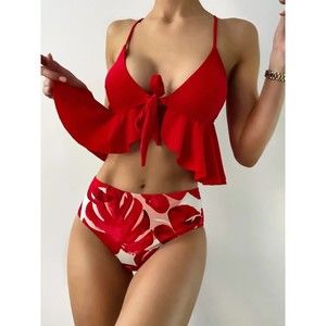 Tropical Print V Neck Triangle Cup Ruffled Hem Bikini Swimsuit